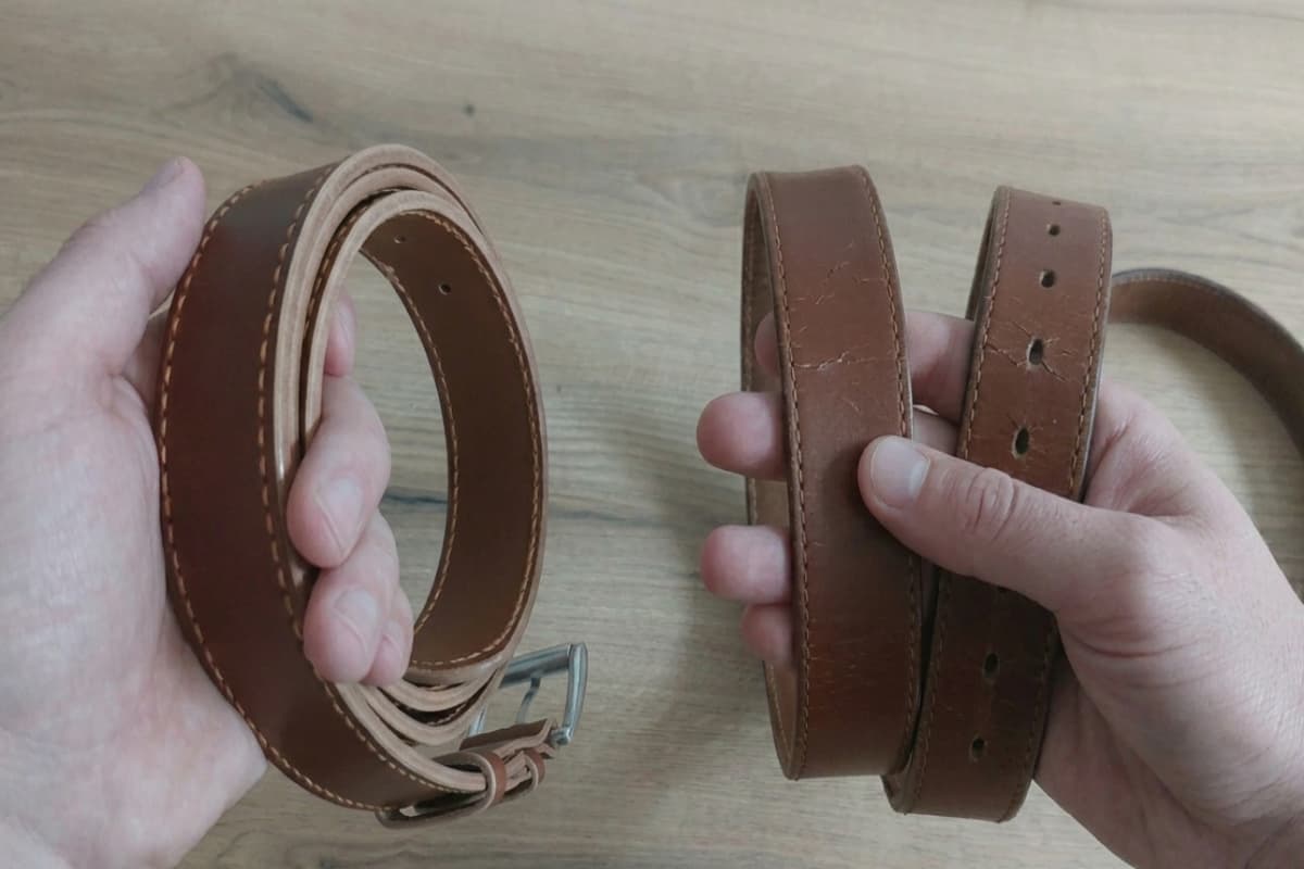 Poređenje ručno rađenog kaiša od pune kože Ok Leather Studio i ispucalog kaiša lošeg kvaliteta.