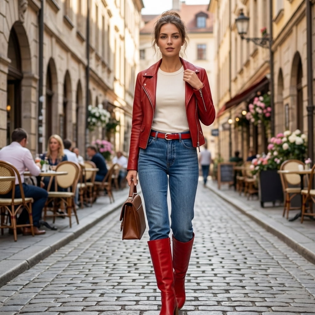 Mlada žena u crvenoj kožnoj jakni, plavim farmerkama i elegantnim crvenim kožnim čizmama sa tankim crvenim kaišem, korača evropskom kaldrmisanom ulicom